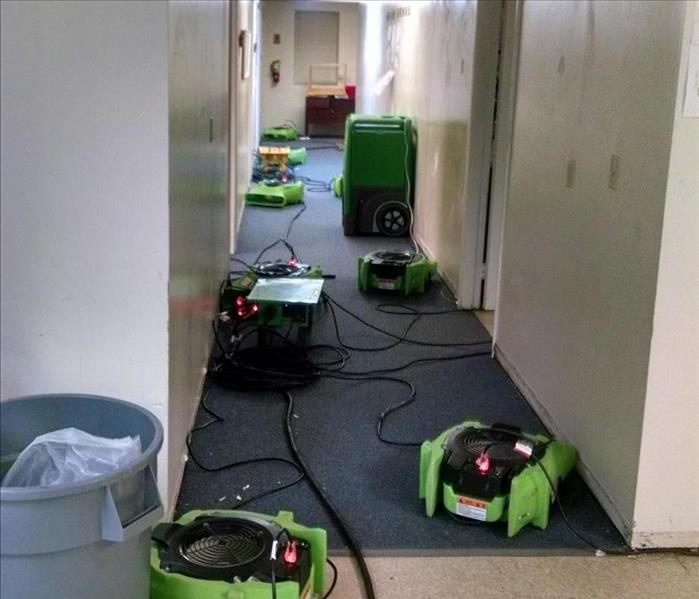 LGR dehu and air movers drying narrow hallway