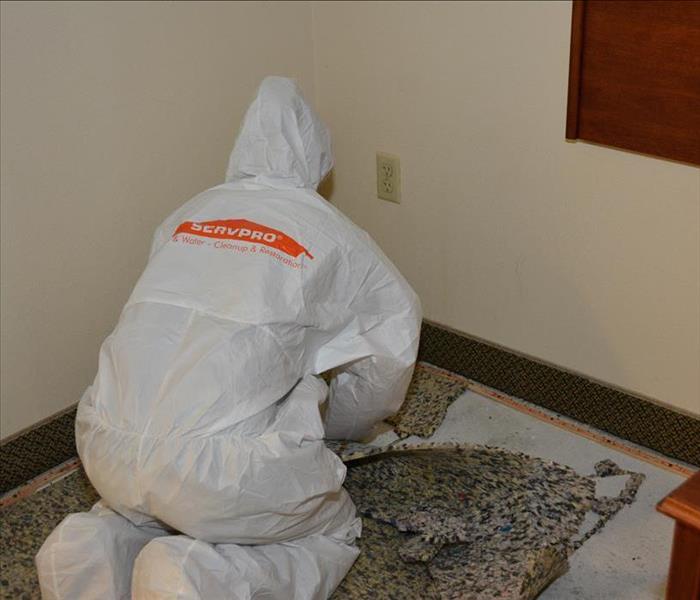 worker in white suit with servpro on back removing carpet padding