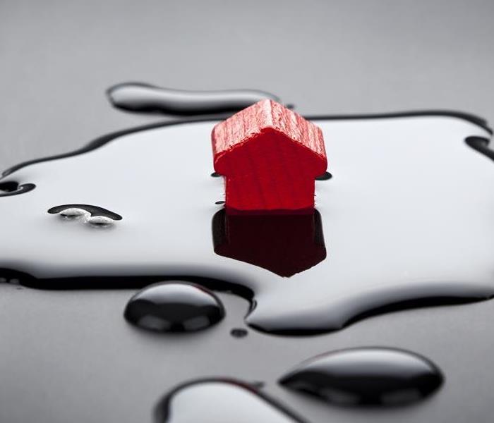 A red toy house sitting in a puddle of water. 